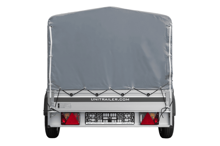 Enkelassige aanhanger op veren met aluminium zijwanden 230x125 Unitrailer Garden 230/R KIPP ALU met H-800 frame en grijze afdekking