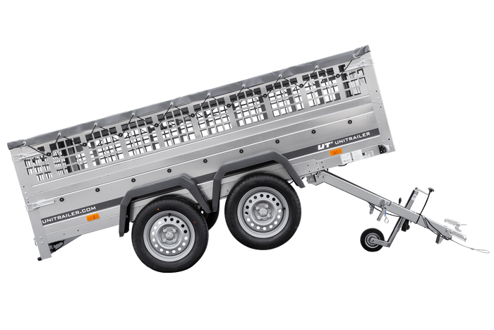 Lichte aanhanger 264x150 UNITRAILER GARDEN 265/2 KIPP met gaaswanden, H-0 frame en grijze afdekking