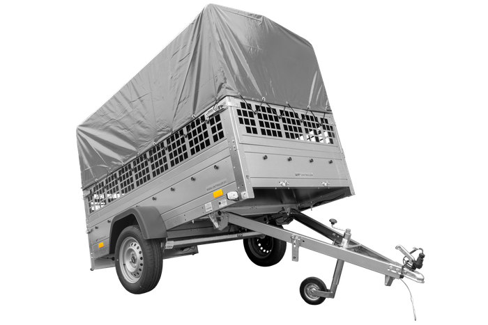 1-assige kiepwagen 230 x 125 Garden Trailer 230 KIPP met mesh boordwanden en H-800 frame met grijze kap