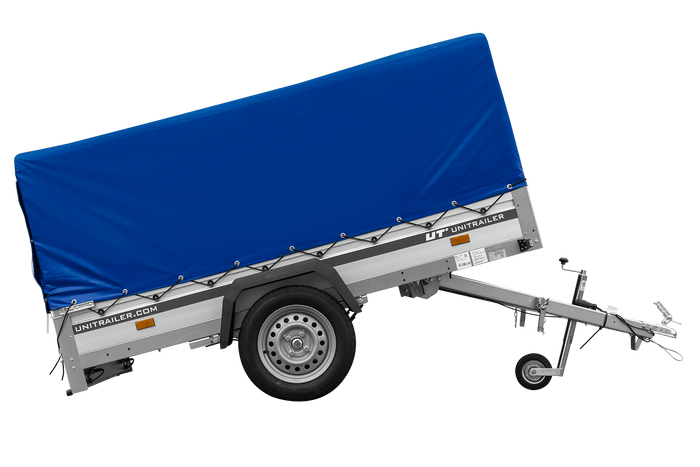 Enkelassige aanhanger op veren met aluminium zijwanden 230x125 Unitrailer Garden 230/R KIPP ALU met H-800 frame en blauwe afdekking