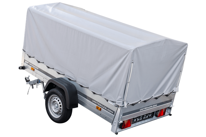Enkelassige aanhanger 230x125 UNITRAILER GARDEN 230 KIPP met H-800 frame en grijze afdekking