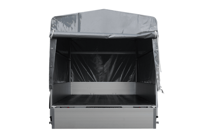Autoaanhanger met aluminium zijwanden 264x150 Unitrailer Garden 265 KIPP ALU met H-1100 frame en grijze afdekking