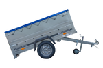 Nieuwe GARDEN TRAILER 200 KIPP autoaanhanger met steunwiel, bis zijkanten en blauwe vlakke afdekking