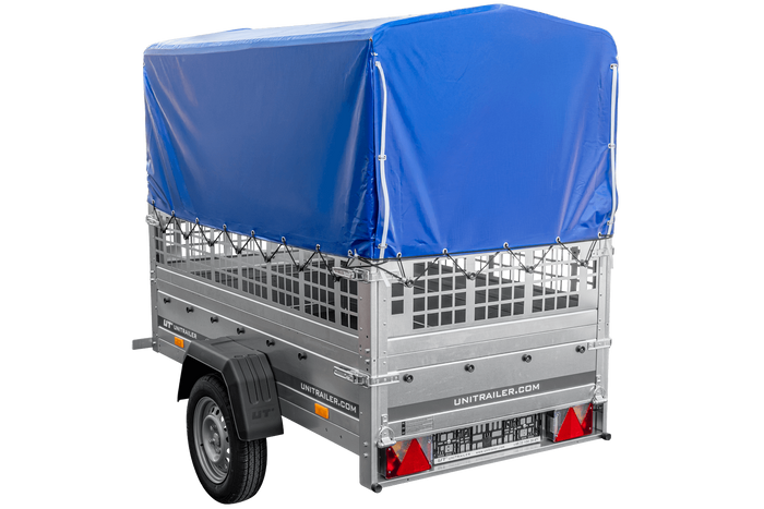 Lichte aanhanger 200x106 UNITRAILER GARDEN 200 KIPP met gaaswanden, H-800 frame en blauwe hoes