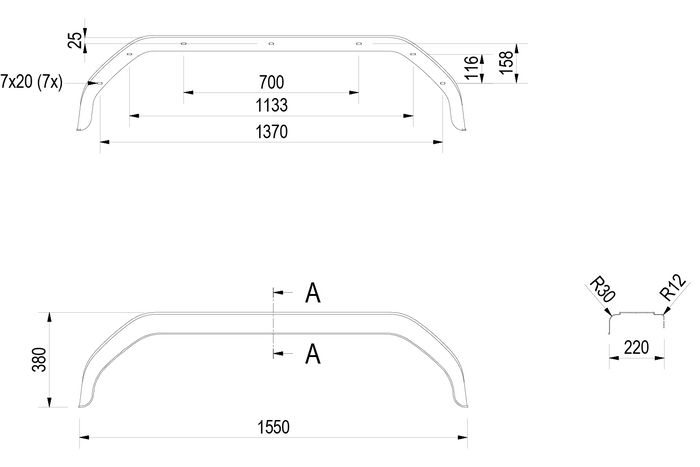 DE HAAN THMK 22155 set van twee tandem spatborden 14-15 inch 1550x220 mm voor aanhanger