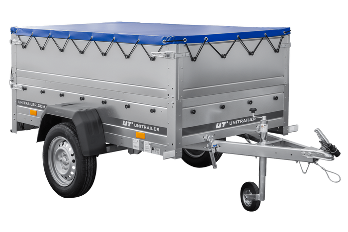 Autoaanhanger 200x106 UNITRAILER GARDEN 200 KIPP met BIS-zijwanden, H-0 frame en blauwe afdekking