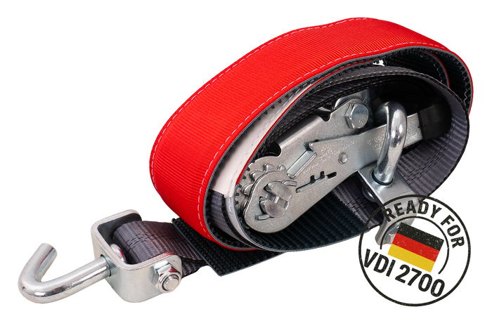 Set van vier HEFFA CARLINE 130 aanhangwagentransportbanden, wielborgriemen 2,8m/50mm/5t VDI 2700