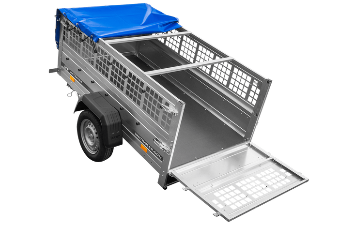 Lichte aanhanger 200x106 UNITRAILER GARDEN 200 KIPP met gaaswanden, H-0 frame en blauwe hoes