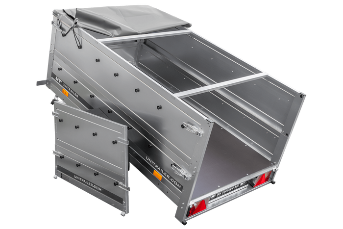 Enkelassige aanhanger 200x106 UNITRAILER GARDEN 200 KIPP met BIS-zijwanden, H-0 frame en grijze afdekking