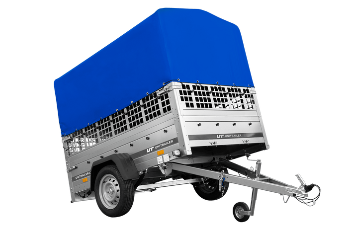 Enkelassige aanhangwagen op veren 200x125 UNITRAILER GARDEN 201/R KIPP met roosterwanden, H-800 frame en blauwe afdekking