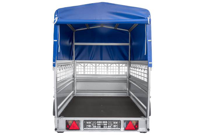 Enkelassige aanhanger 230x125 UNITRAILER FORCE 230 KIPP met gaaswanden, H-0 frame en blauwe afdekking.