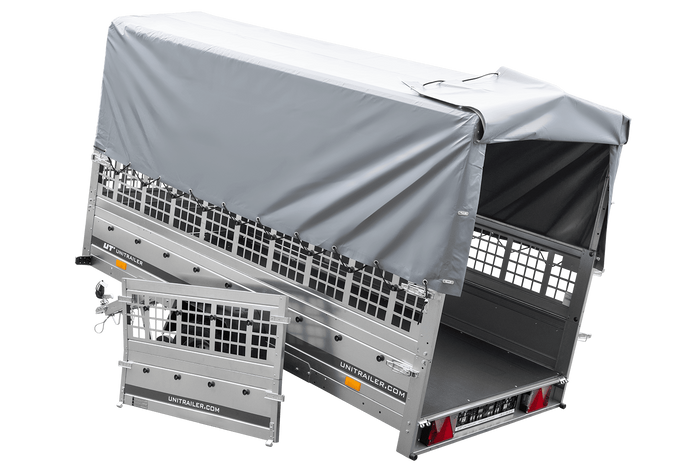 Autoaanhanger 264x125 UNITRAILER GARDEN 264 KIPP met gaaswanden, H-800 frame en grijze kap