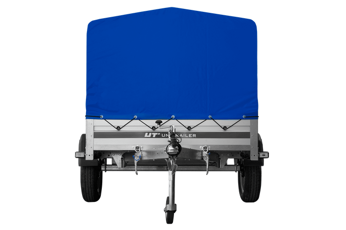 Enkelassige aanhanger met aluminium zijwanden 200x125 Unitrailer Garden 201 KIPP ALU met H-800 frame en blauwe afdekking