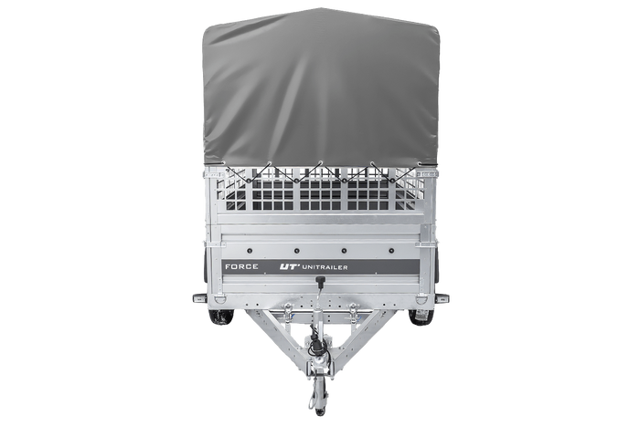 Enkelassige aanhanger 230x125 UNITRAILER FORCE 230 KIPP met gaaswanden, H-800 frame en grijze afdekking.