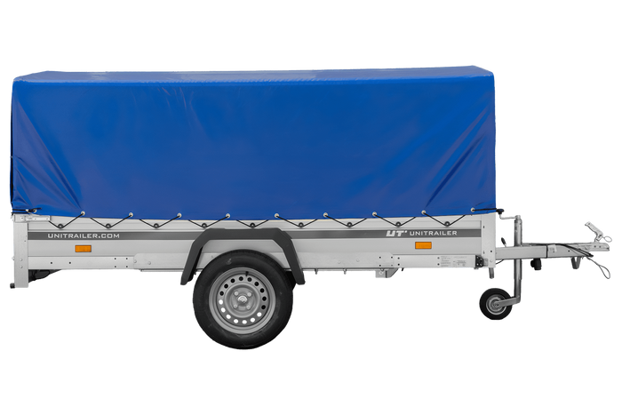 Enkelassige aanhanger met aluminium zijwanden 264x125 Unitrailer Garden 264 KIPP ALU met H-800 frame en blauwe afdekking