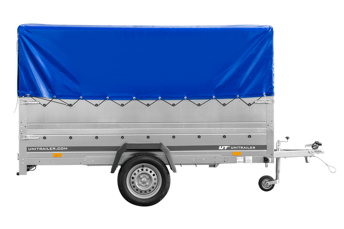 Eenassige aanhangwagen 264x150 UNITRAILER GARDEN 265 KIPP met opzetborden H-800 frame en blauwe huif