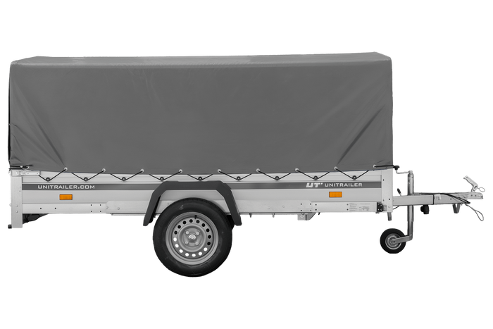 Enkelassige aanhanger met aluminium zijwanden 264x125 Unitrailer Garden 264 KIPP ALU met H-800 frame en grijze afdekking