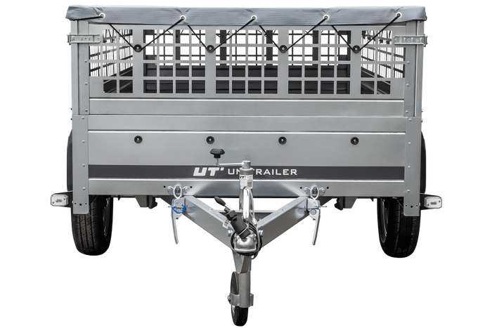 Enkelassige aanhanger 230x125 UNITRAILER GARDEN 230 KIPP met gaaswanden, H-0 frame en grijze afdekking