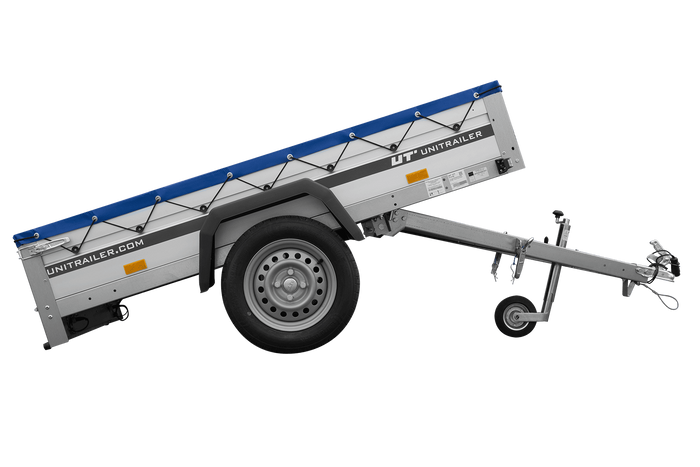 Enkelassige aanhanger met aluminium zijwanden 200x125 Unitrailer Garden 201 KIPP ALU met H-0 frame en blauwe afdekking