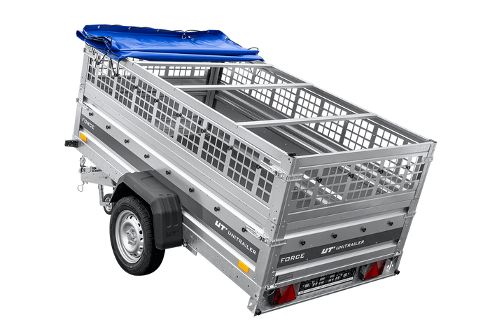 Lichte aanhanger op veren 230x125 UNITRAILER FORCE 230/R KIPP met gaaswanden, H-0 frame en blauwe hoes