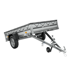 Enkelassige aanhanger met aluminium zijwanden 230x125 Unitrailer Garden 230 KIPP ALU met H-0 frame en grijze afdekking