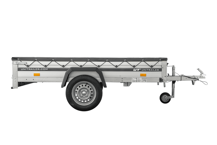 Enkelassige aanhanger met aluminium zijwanden 230x125 Unitrailer Garden 230 KIPP ALU met H-0 frame en grijze afdekking