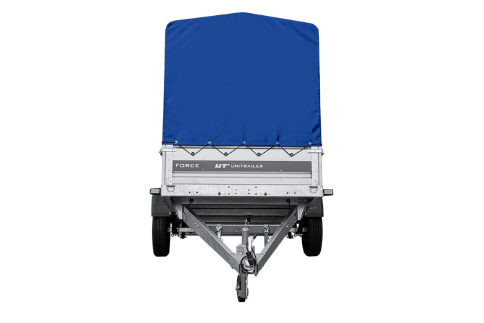 Enkelassige aanhanger op veren 264x125 UNITRAILER FORCE 264/R KIPP met H-1100 frame en blauwe afdekking