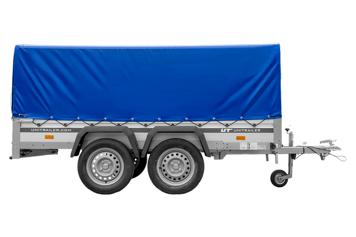 Tweeassige aanhanger met aluminium zijwanden 264x125 Unitrailer Garden 264/2 KIPP ALU met H-800 frame en blauwe afdekking