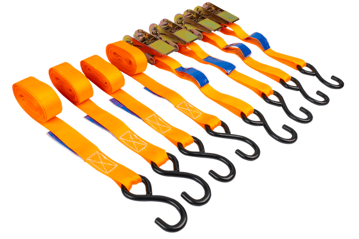 Set van vier UNITRAILER 4m/25mm/0.68t oranje transportbanden met spaninrichting in een koffer.