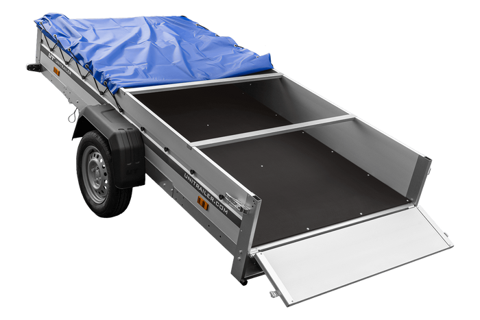 Autoaanhanger met aluminium zijwanden 264x125 Unitrailer Garden 264 KIPP ALU met H-0 frame en blauwe afdekking