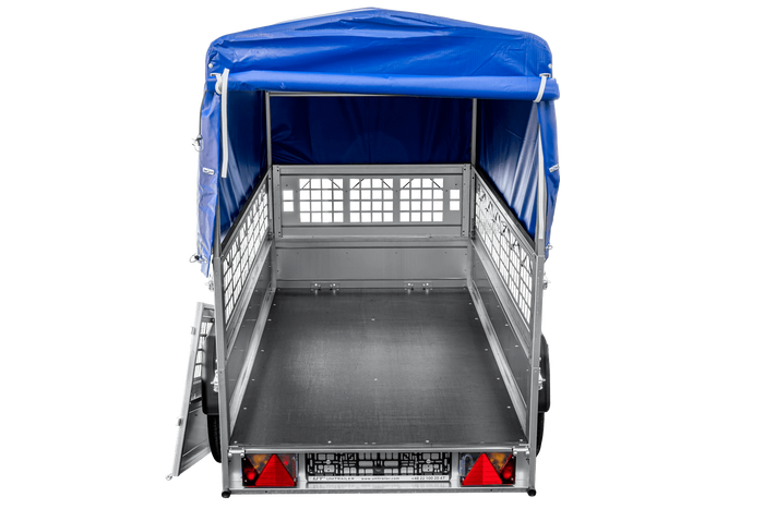 Lichte aanhanger 200x106 UNITRAILER GARDEN 200 KIPP met gaaswanden, H-800 frame en blauwe hoes