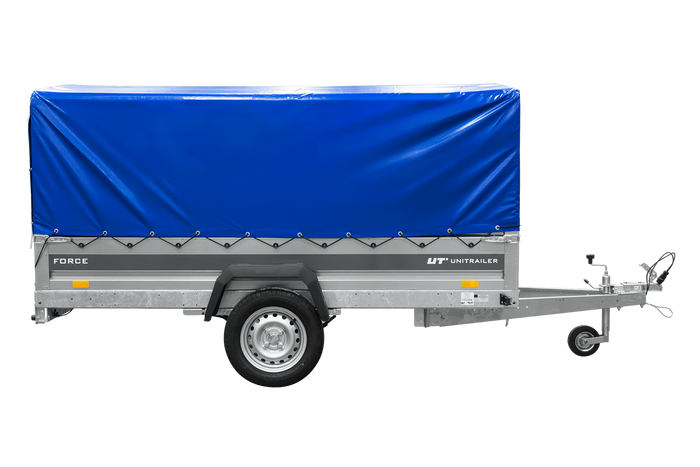 Enkelassige aanhanger op veren 264x125 UNITRAILER FORCE 264/R KIPP met H-800 frame en blauwe afdekking