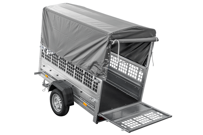 Autoaanhanger 200x106 UNITRAILER GARDEN 200 KIPP met gaaswanden, H-800 frame en grijze afdekking