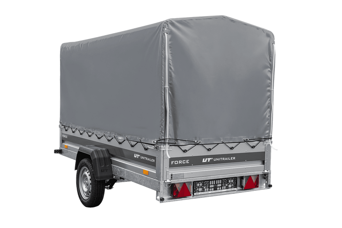 Enkelassige aanhanger op veren 264x125 UNITRAILER FORCE 264/R KIPP met H-1100 frame en grijze afdekking
