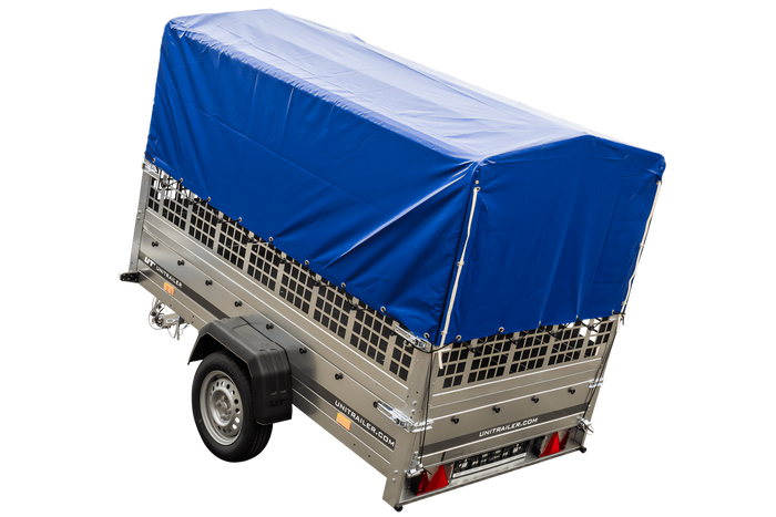 Enkelassige aanhanger 230x125 UNITRAILER GARDEN 230 KIPP met gaaswanden, H-800 frame en blauw dekzeil