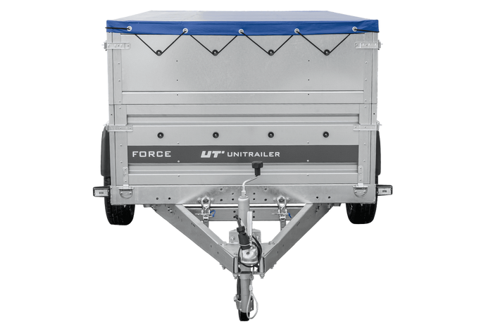 Autotransportaanhanger op veren 230x125 UNITRAILER FORCE 230/R KIPP met BIS-zijwanden, H-0 frame en blauwe afdekking