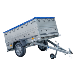 Nieuwe GARDEN TRAILER 200 KIPP autoaanhanger met steunwiel, bis zijkanten en blauwe vlakke afdekking