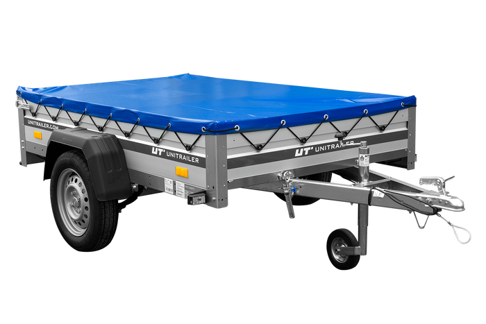 Enkelassige aanhanger op veren met aluminium zijwanden 200x125 Unitrailer Garden 201/R KIPP ALU met H-0 frame en blauwe afdekking