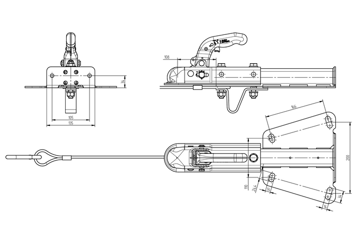 KNOTT KQ14-A+KZE7.5 kogelkoppeling voor een aanhanger van 1400 kg met een V-vormige dissel.