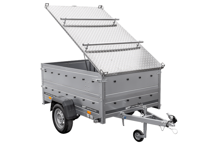 Enkelassige aanhangwagen op veren 230x125 UNITRAILER GARDEN 230/R KIPP met BIS zijwanden en aluminium afdekplaat