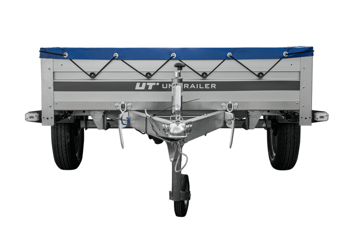 Enkelassige aanhanger met aluminium zijwanden 230x125 Unitrailer Garden 230 KIPP ALU met H-0 frame en blauwe afdekking