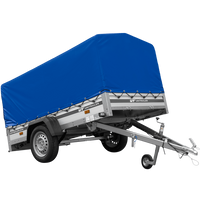 Enkelassige aanhanger op veren met aluminium zijwanden 230x125 Unitrailer Garden 230/R KIPP ALU met H-800 frame en blauwe afdekking