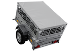 Kleine enkelassige aanhanger Unitrailer GARDEN TRAILER 150 KIPP met steunwiel, gaaswanden en een vlakke grijze kap