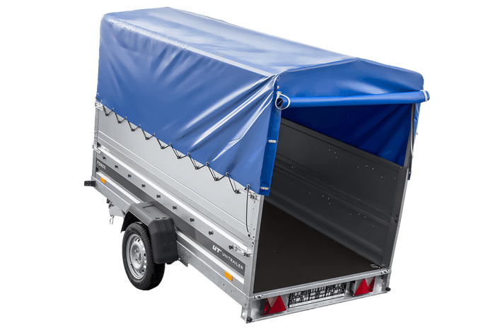 Lichte aanhanger op veren 264x125 UNITRAILER FORCE 264/R KIPP met BIS-zijwanden, H-800 frame en blauwe afdekking