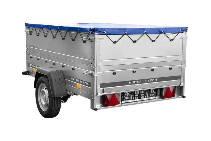 Lichte aanhangwagen op veren 200x125 UNITRAILER GARDEN 201/R KIPP met BIS zijwanden, H-0 frame en blauw zeil