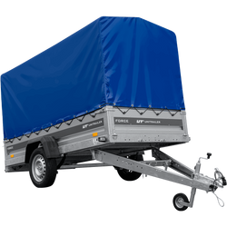 Enkelassige aanhanger op veren 264x125 UNITRAILER FORCE 264/R KIPP met H-1100 frame en blauwe afdekking