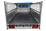 Enkelassige aanhanger 200x106 UNITRAILER GARDEN 200 KIPP met gaaswanden en blauw dekzeil
