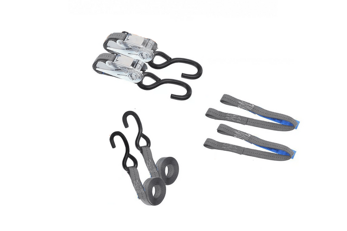 Set van twee HILLS 3m/25mm/1t transportbanden met spanner en twee 0,45m harnassen voor het vastzetten van de motorfiets