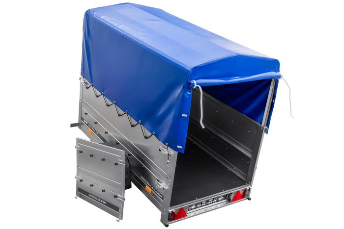 Autoaanhanger 200x106 UNITRAILER GARDEN 200 KIPP met BIS-zijwanden, H-800 frame en blauwe afdekking