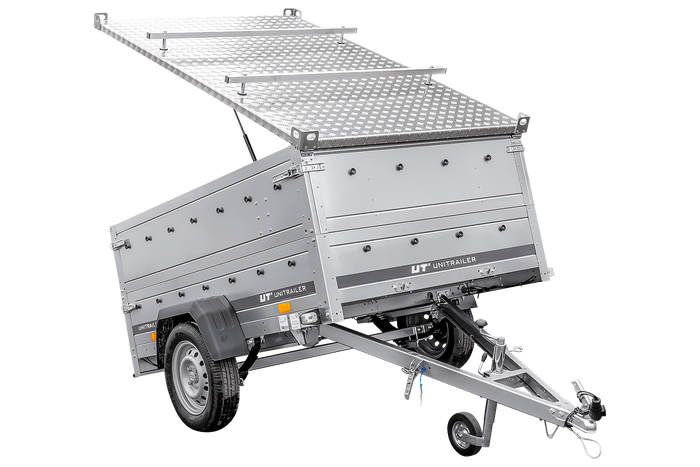 Enkelassige aanhangwagen op veren 230x125 UNITRAILER GARDEN 230/R KIPP met BIS zijwanden en aluminium afdekplaat